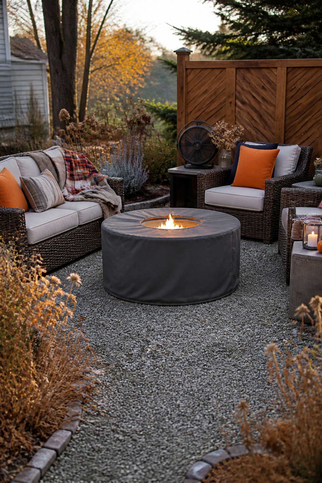 30 Fire Pit Ideas and Styles for Backyards, Patios & More 36 A fire pit with a waterproof cover in a garden.
