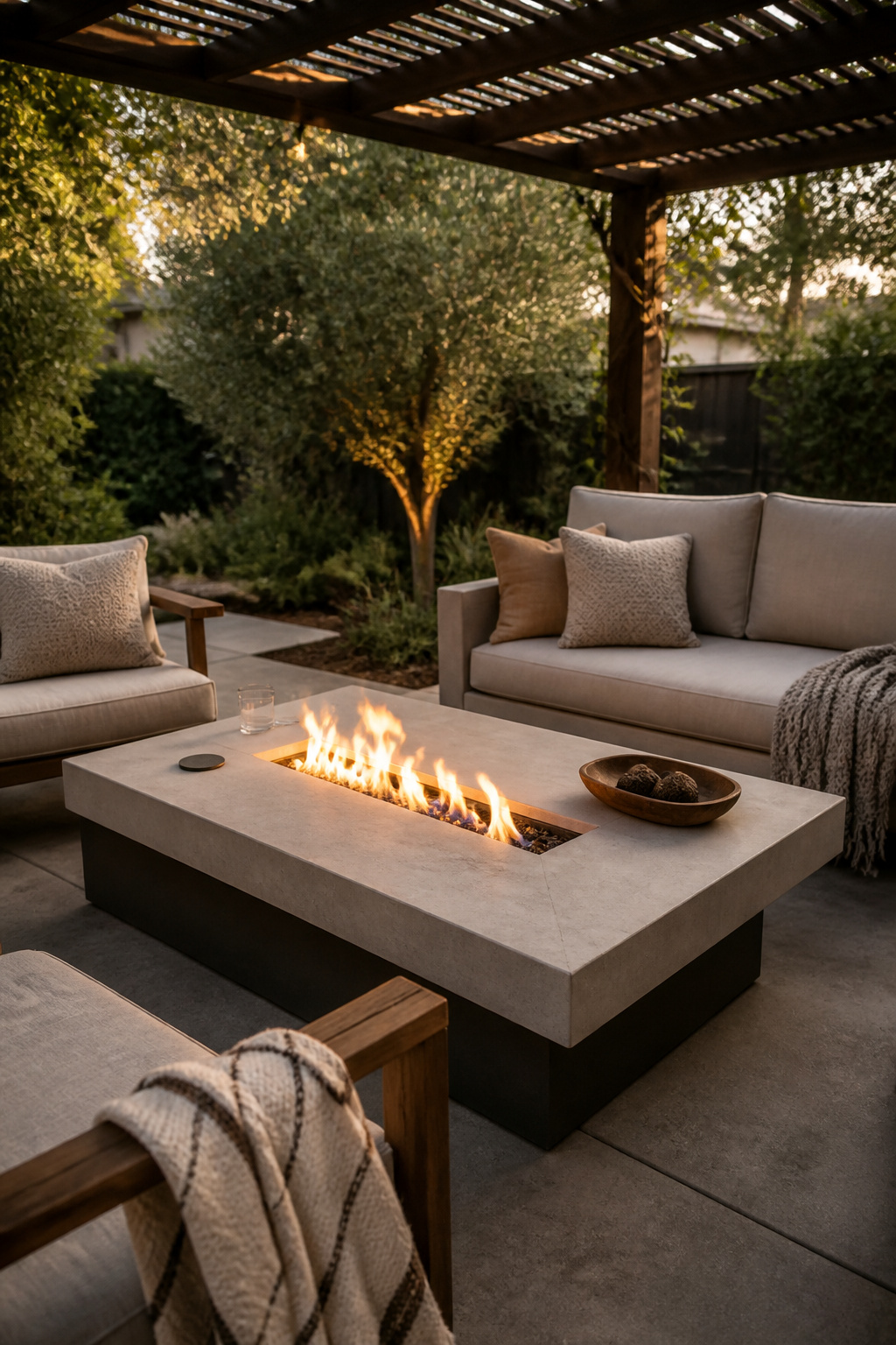 30 Fire Pit Ideas and Styles for Backyards, Patios & More 4 A rectangular fire pit table with flames in the center.
