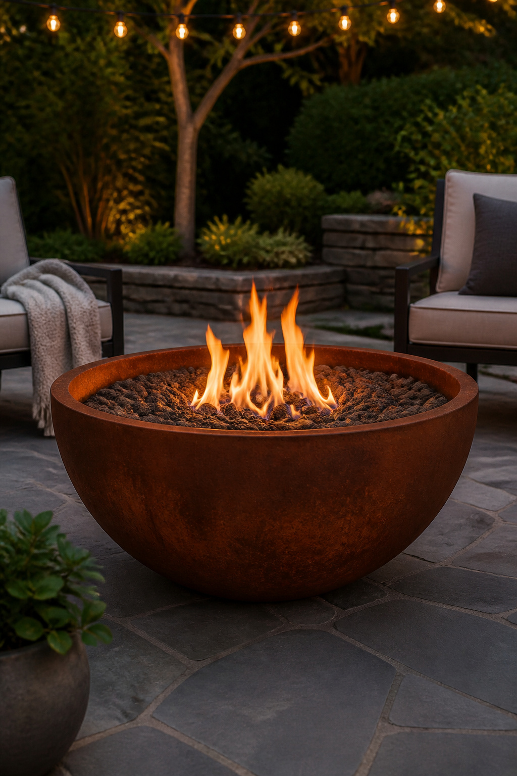 30 Fire Pit Ideas and Styles for Backyards, Patios & More 7 A large corten steel hemisphere fire pit in a garden.