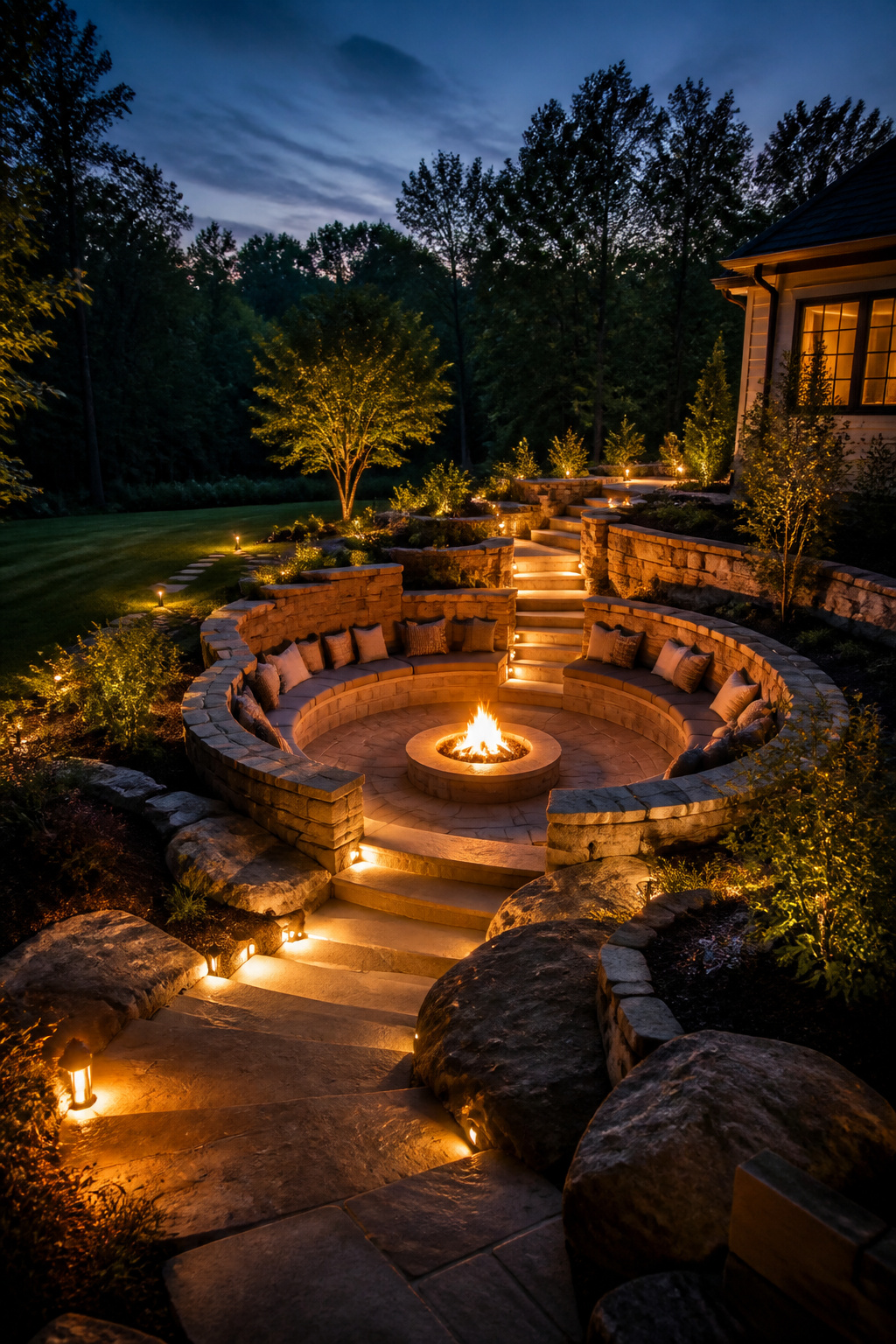 30 Fire Pit Ideas and Styles for Backyards, Patios & More 8 Terraced seating surrounding a fire pit in a backyard.