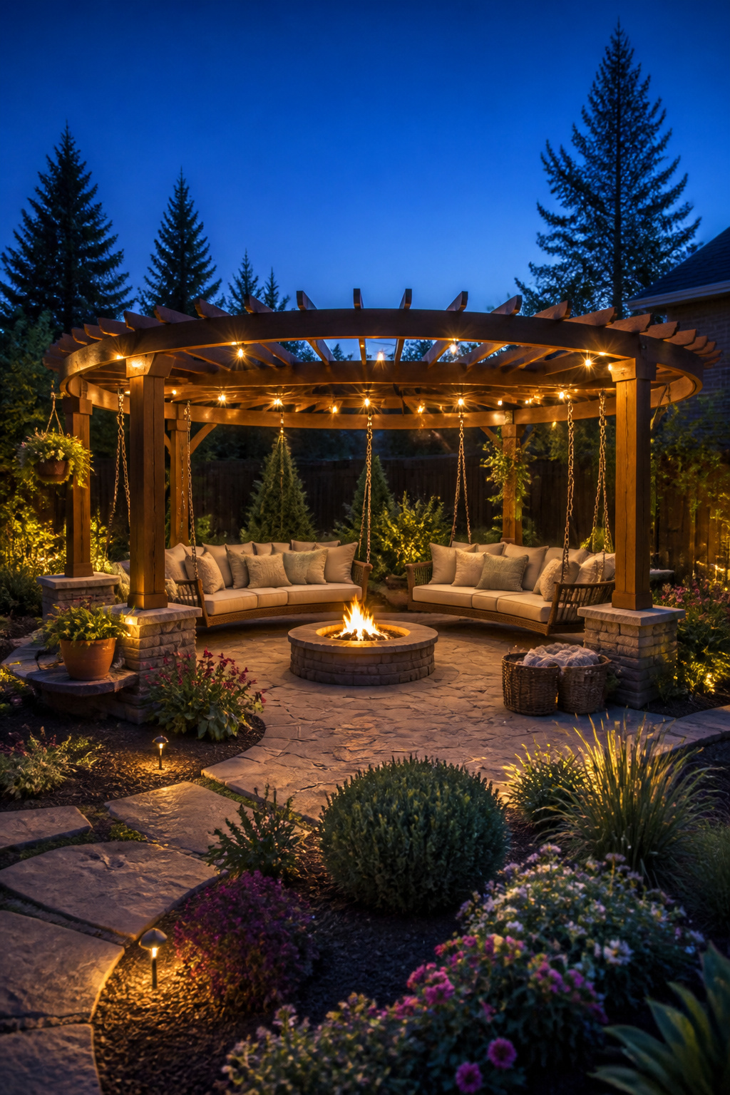 30 Fire Pit Ideas and Styles for Backyards, Patios & More 9 Swing seats positioned around a fire pit.
