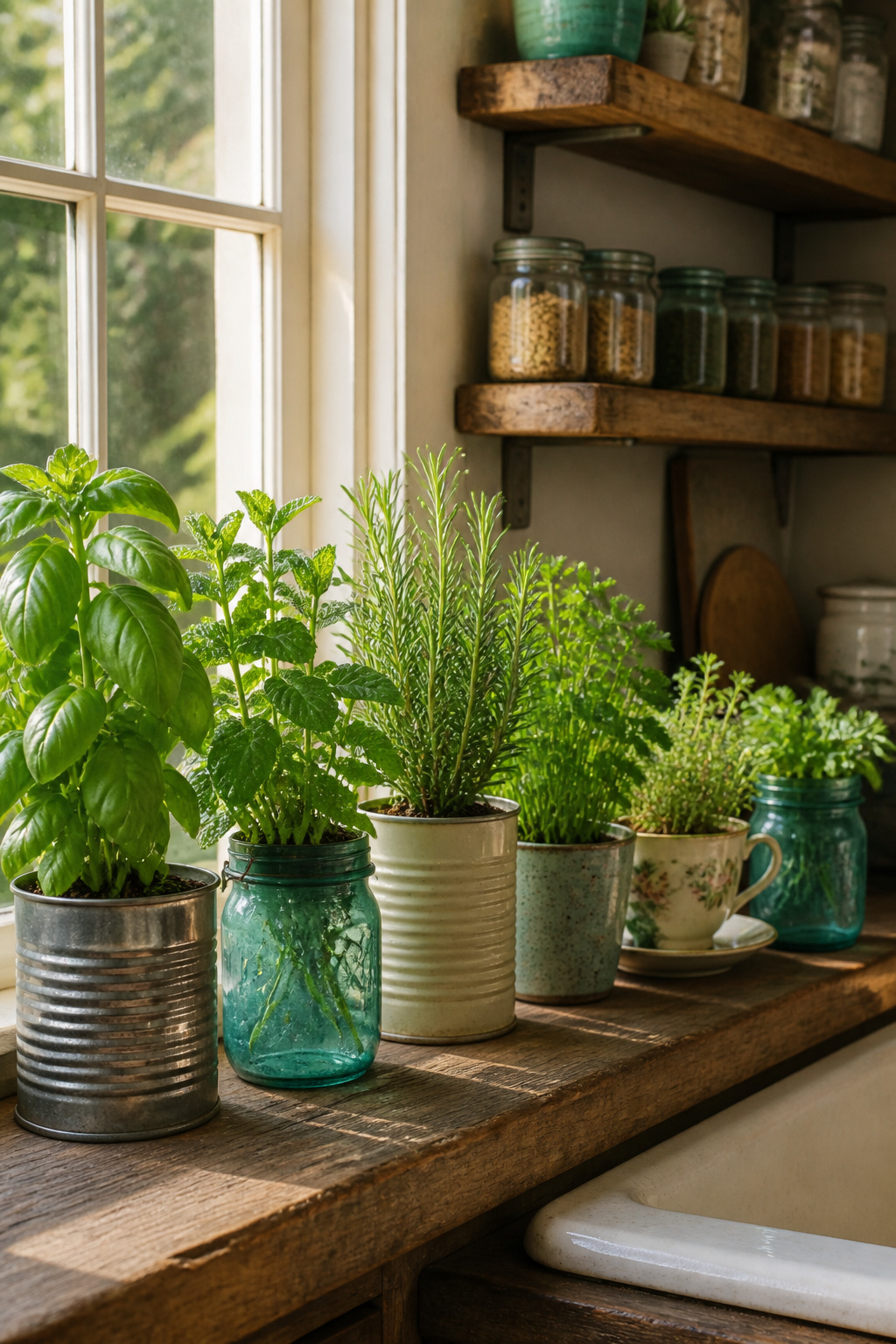 12 Herb Garden Ideas for Beds, Containers & Vertical Spaces (2026) 10 Various upcycled containers including mason jars and tin cans holding herbs.