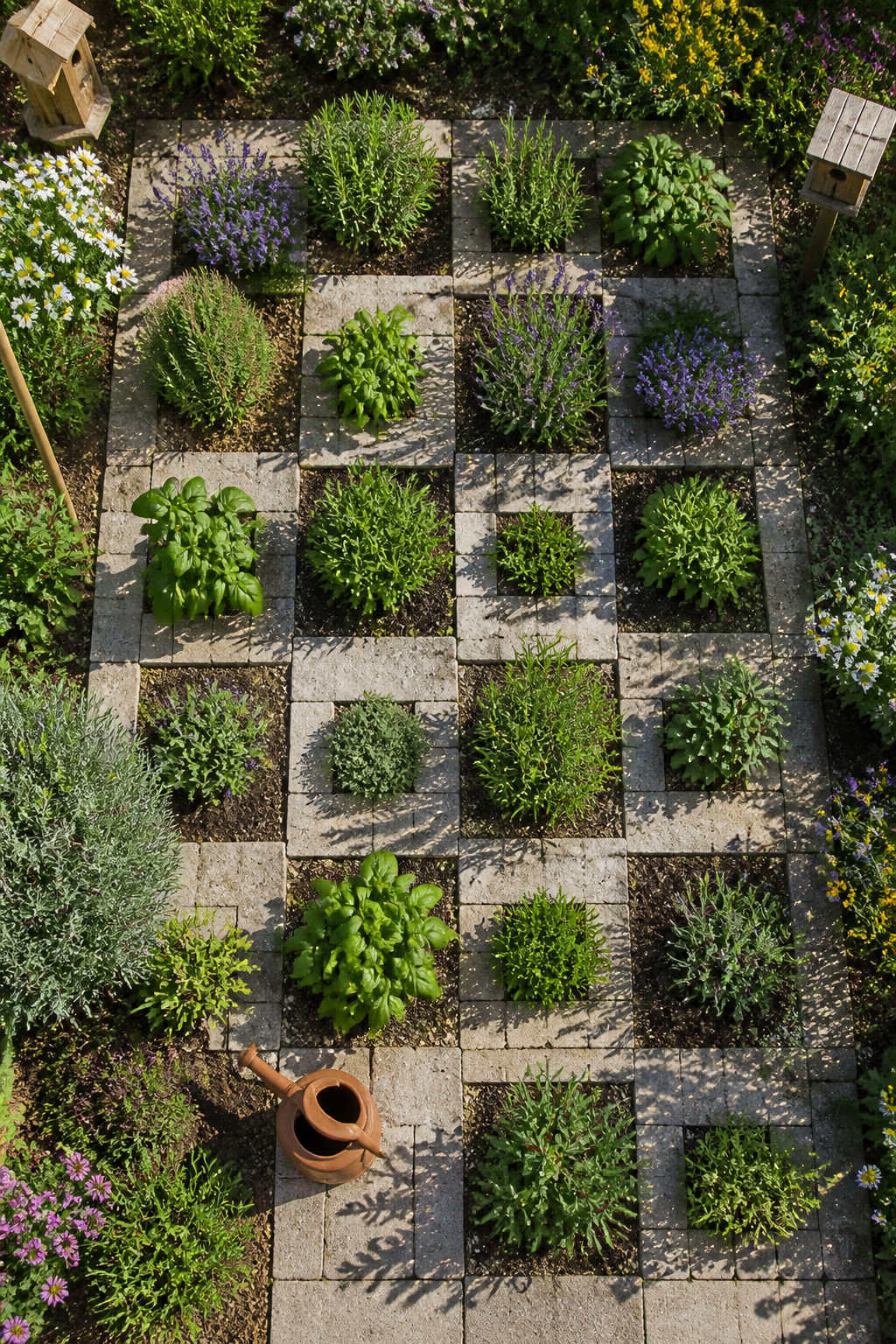 12 Herb Garden Ideas for Beds, Containers & Vertical Spaces (2026) 11 A checkerboard path with planting squares between stone pavers for herbs.