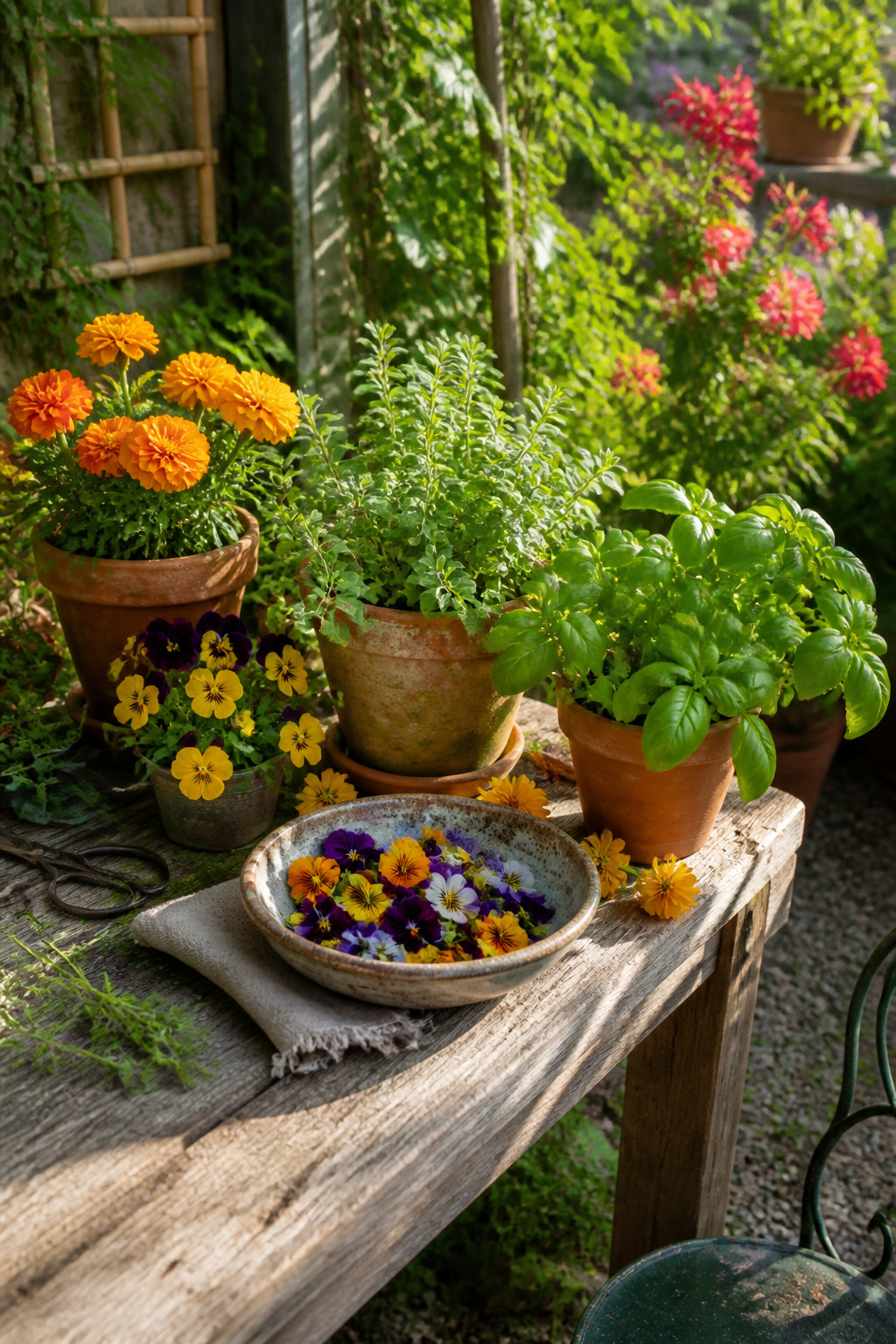 12 Herb Garden Ideas for Beds, Containers & Vertical Spaces (2026) 12 A table with potted herbs and edible flowers like marigolds and pansies.