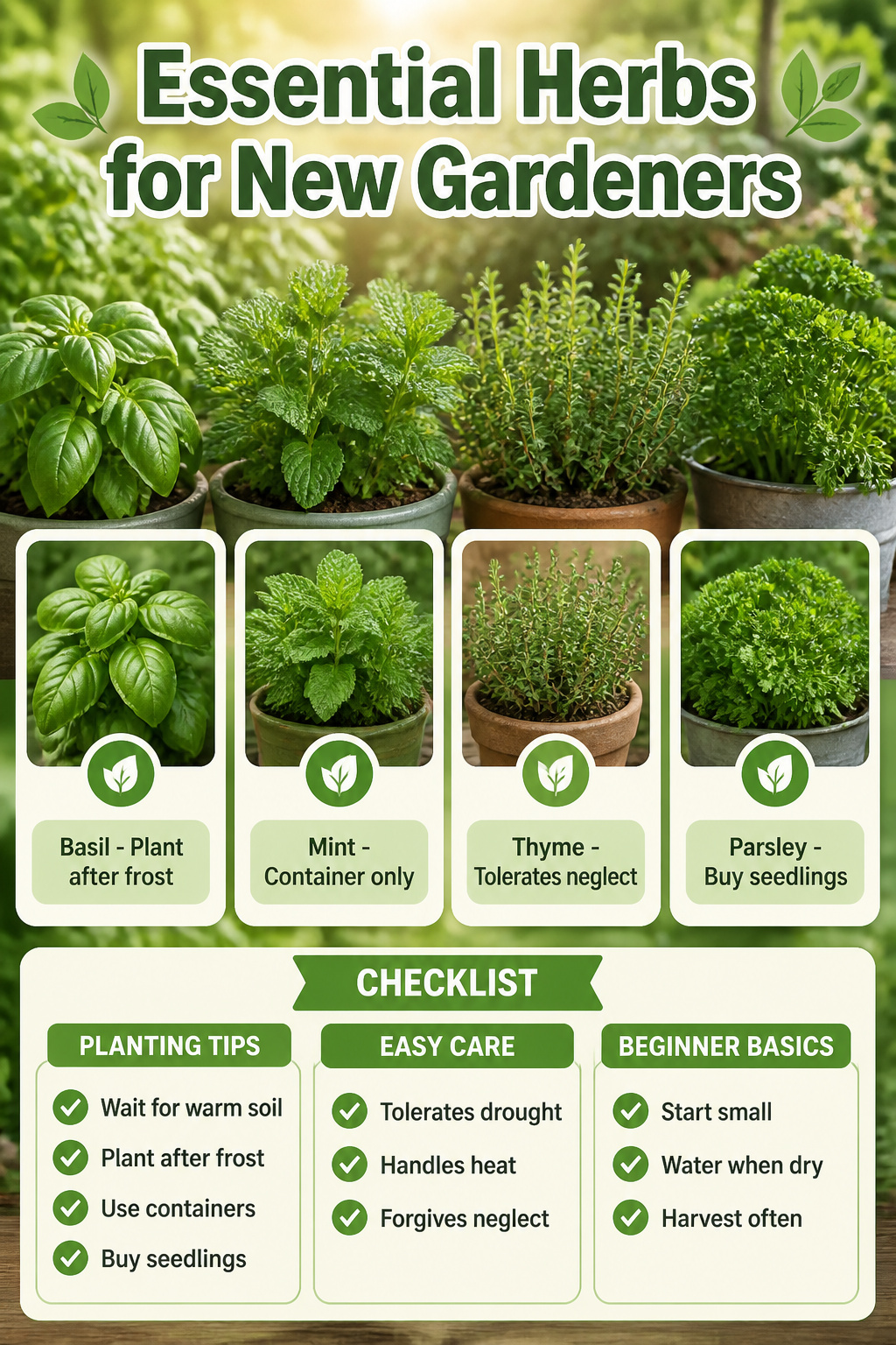 12 Herb Garden Ideas for Beds, Containers & Vertical Spaces (2026) 13 An assortment of beginner herbs including basil, mint, thyme, and parsley.