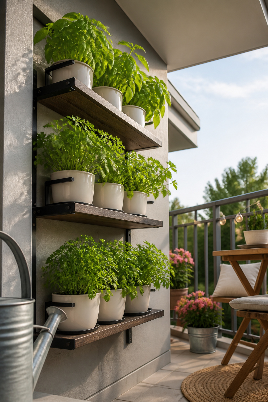 12 Herb Garden Ideas for Beds, Containers & Vertical Spaces (2026) 3 Vertical shelves with pots of basil, cilantro, and parsley mounted on a wall.
