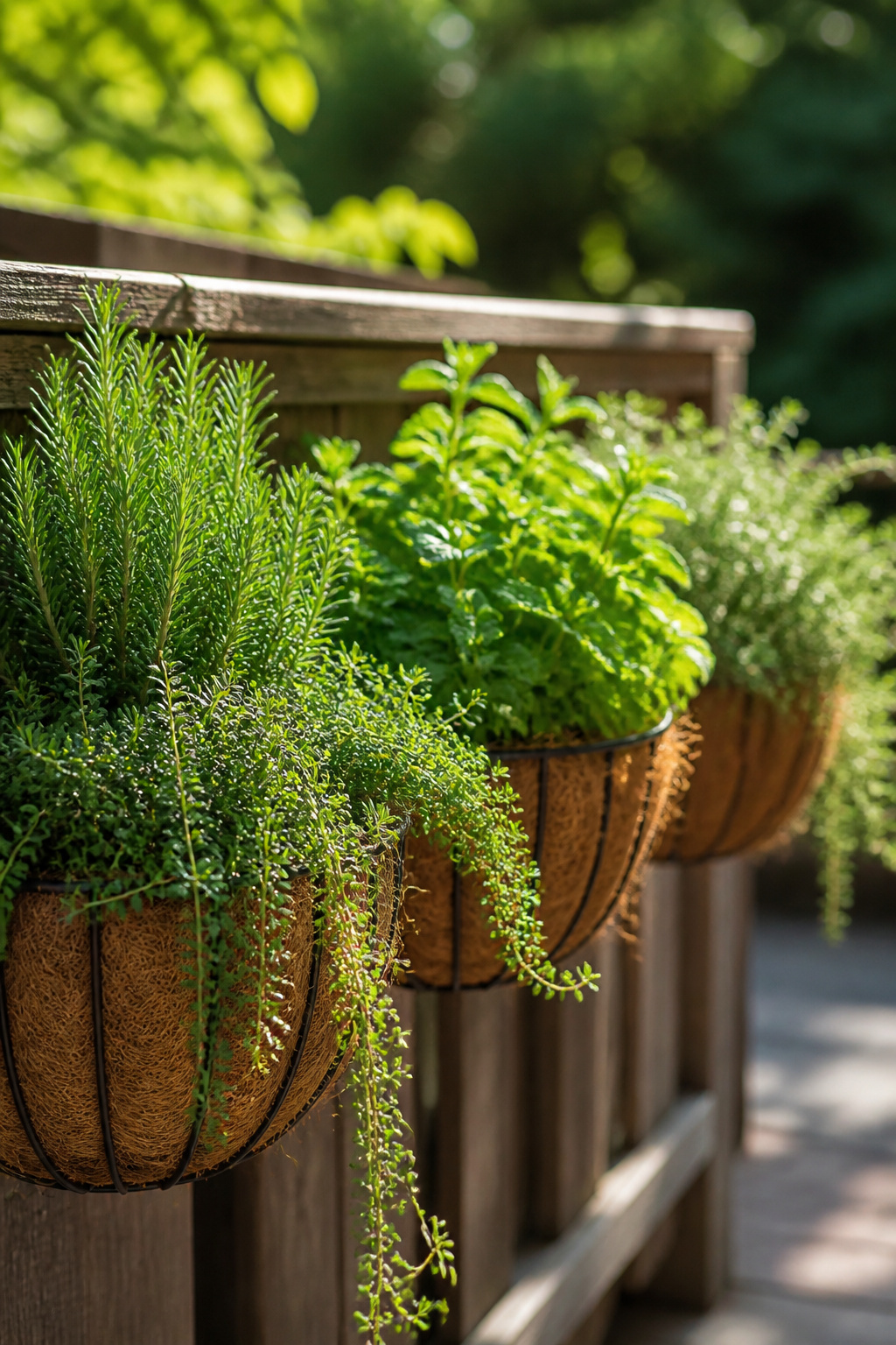 12 Herb Garden Ideas for Beds, Containers & Vertical Spaces (2026) 4 A row of hanging herb planters with thyme, mint, and oregano at eye level.