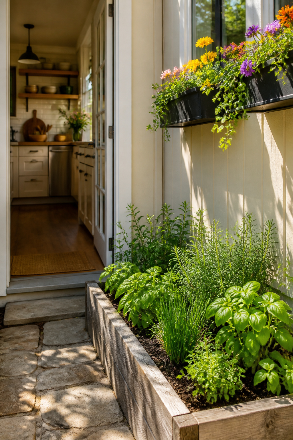 12 Herb Garden Ideas for Beds, Containers & Vertical Spaces (2026) 6 A small raised bed filled with various herbs near a kitchen door.