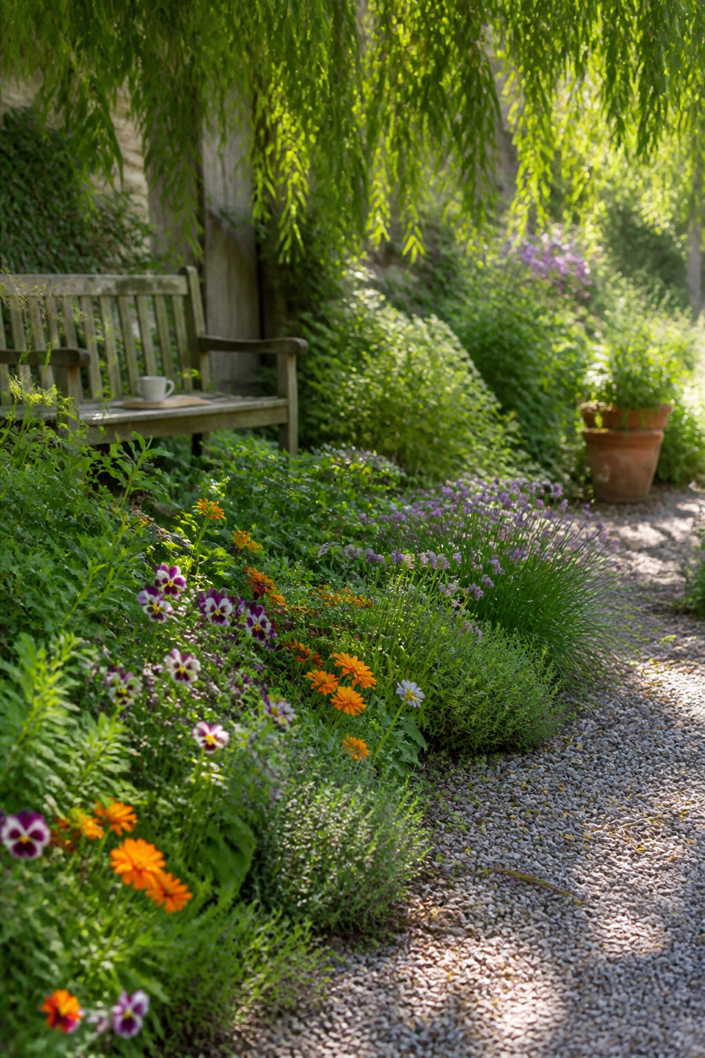 12 Herb Garden Ideas for Beds, Containers & Vertical Spaces (2026) 7 A cottage-style garden with herbs like chives and thyme alongside colorful flowers.