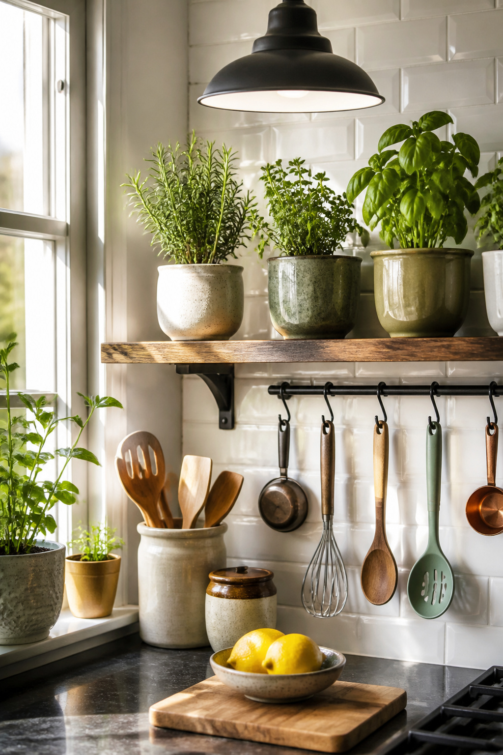 12 Herb Garden Ideas for Beds, Containers & Vertical Spaces (2026) 9 A sunny kitchen corner with potted herbs like rosemary, thyme, and basil on a shelf.