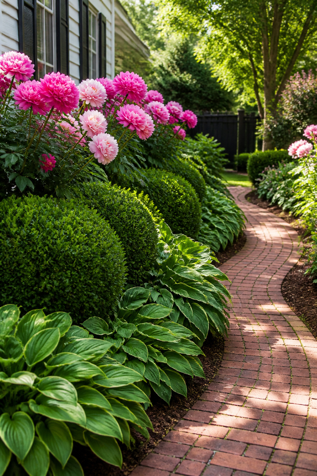 26 Landscaping Ideas for Your Yard, Garden and Patio in 2026 1 Tall peonies, boxwood shrubs, and hostas in a layered planting arrangement.
