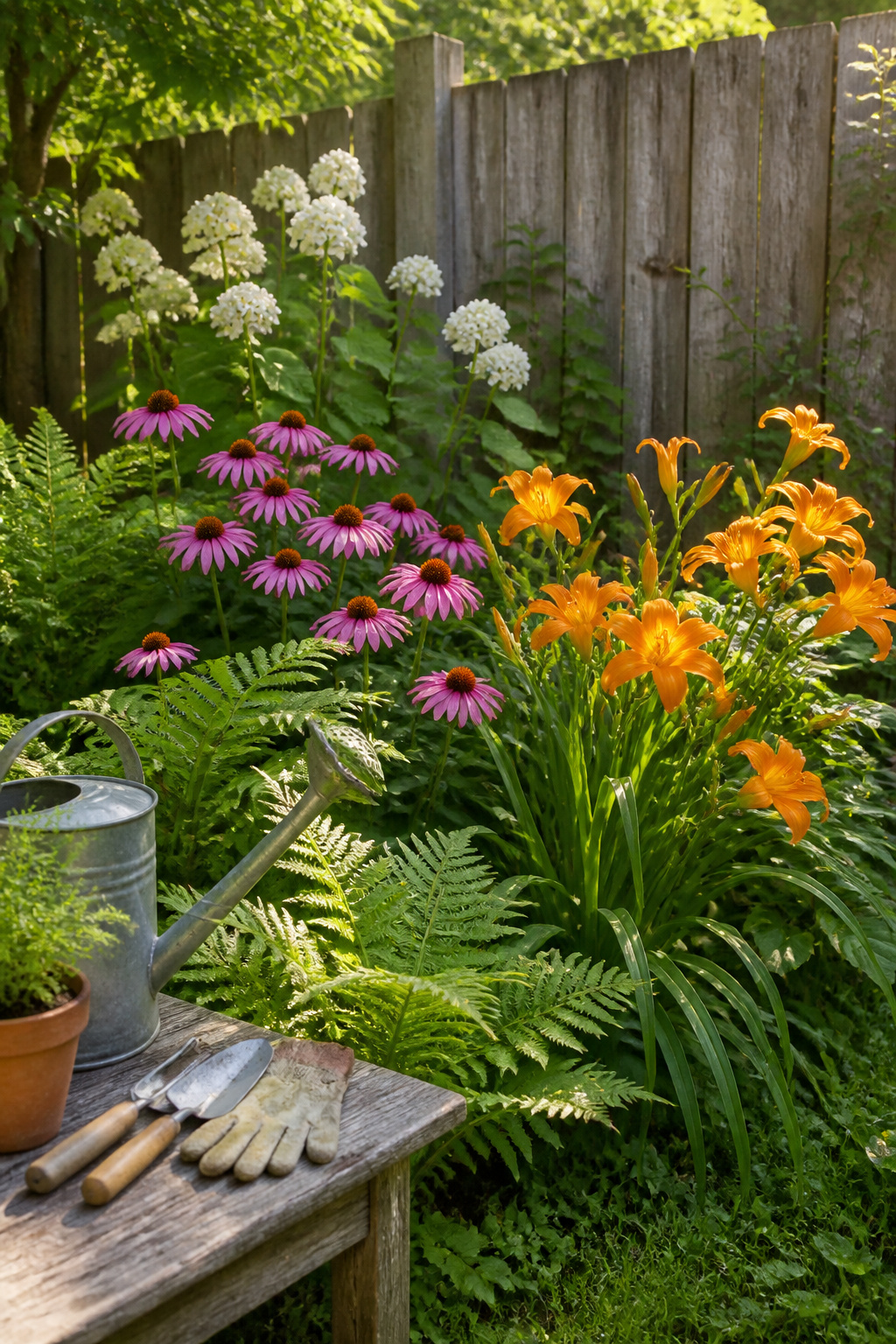 26 Landscaping Ideas for Your Yard, Garden and Patio in 2026 14 A garden corner filled with colorful coneflowers and daylilies.