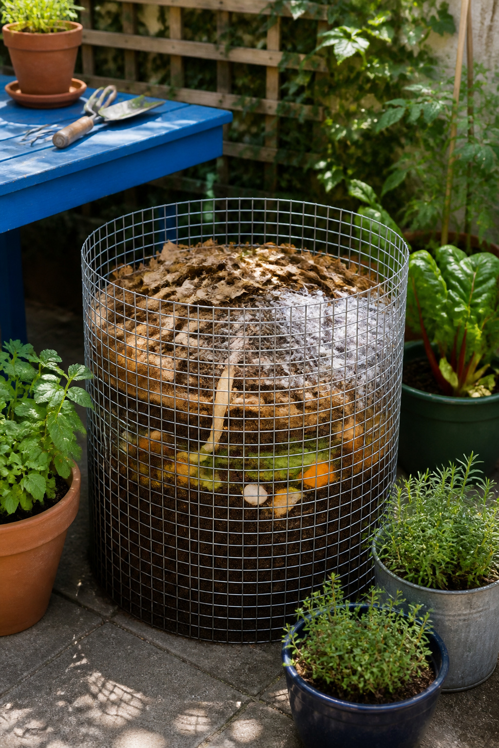 26 Landscaping Ideas for Your Yard, Garden and Patio in 2026 2 A wire mesh composting bin filled with compost on an urban patio.