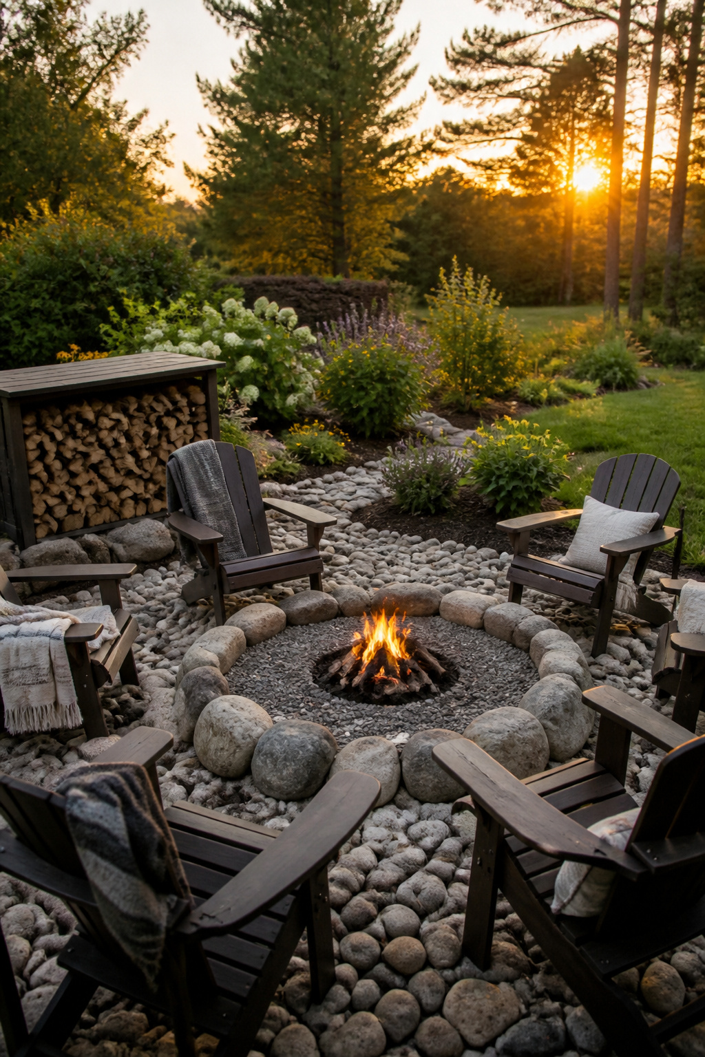 26 Landscaping Ideas for Your Yard, Garden and Patio in 2026 20 A fire pit made of stones with Adirondack chairs around it.