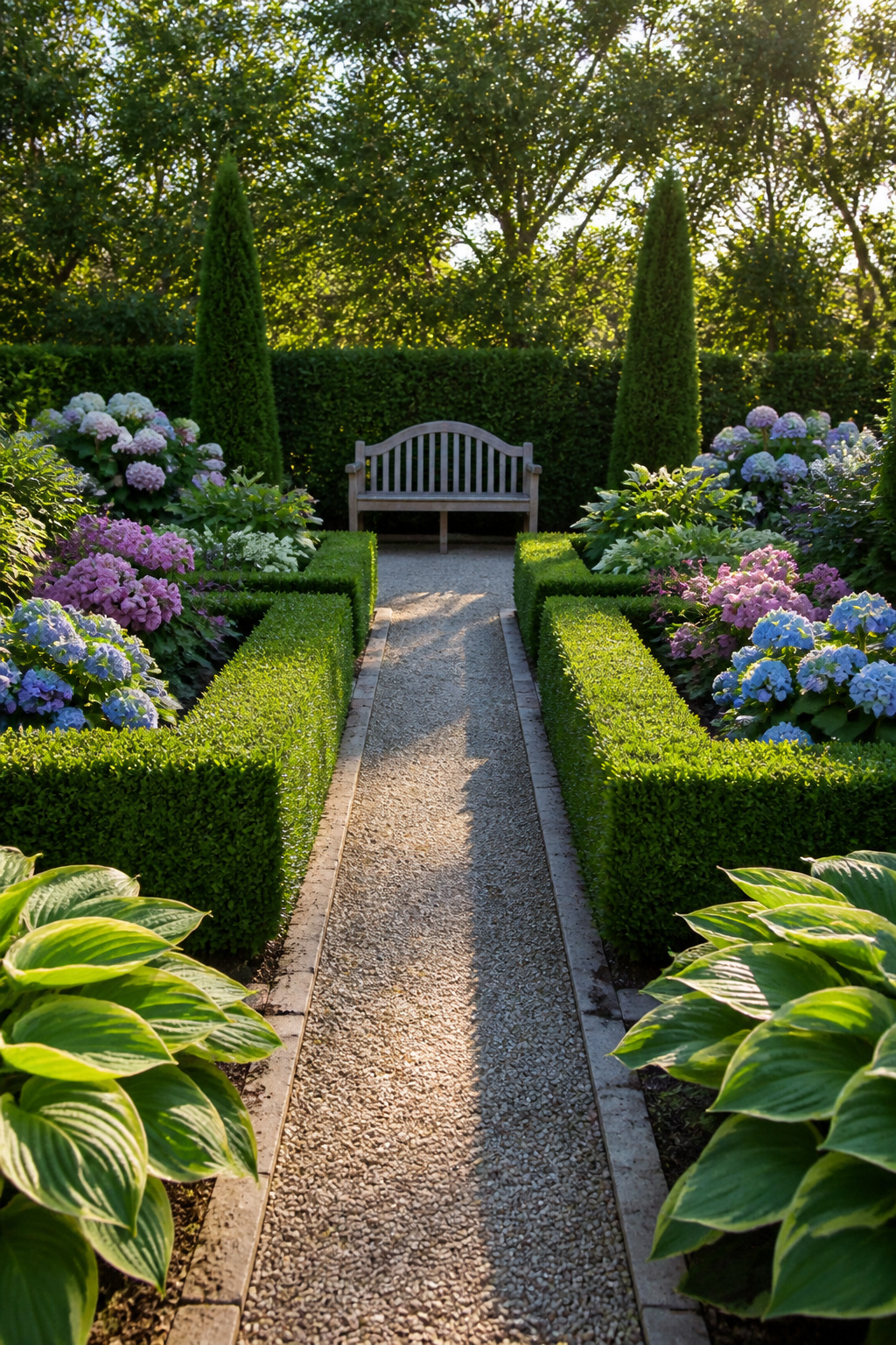 26 Landscaping Ideas for Your Yard, Garden and Patio in 2026 26 A garden with symmetrical boxwoods and blooming hydrangeas.