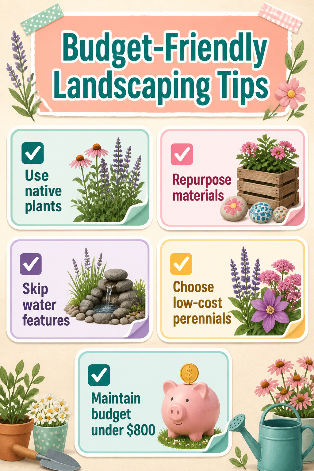 26 Landscaping Ideas for Your Yard, Garden and Patio in 2026 28 An information graphic about budget-friendly landscaping options.