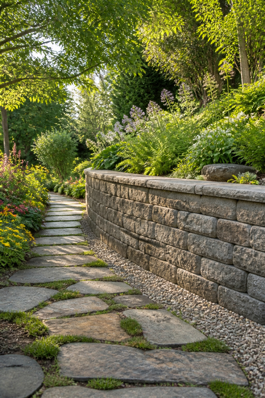 26 Landscaping Ideas for Your Yard, Garden and Patio in 2026 3 A retaining wall made of interlocking blocks in a landscaped yard.