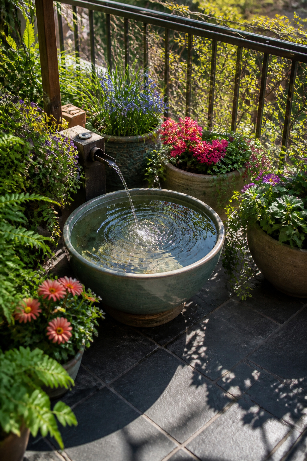 26 Landscaping Ideas for Your Yard, Garden and Patio in 2026 7 A ceramic bowl fountain surrounded by plants on a balcony.