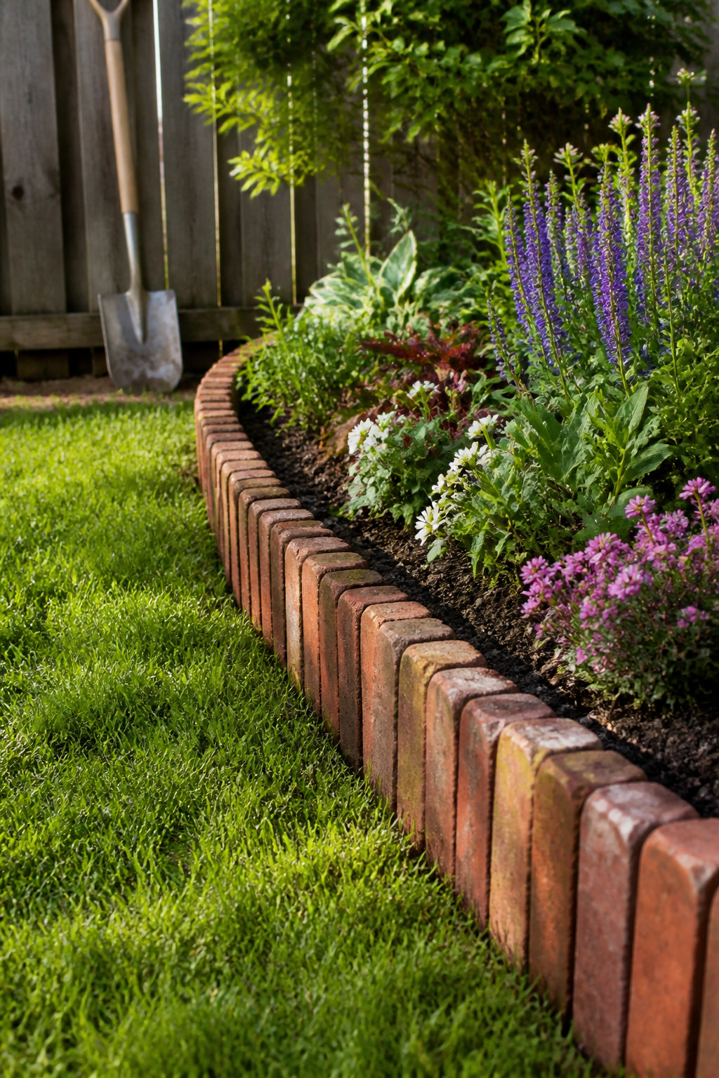 10 Lawn Garden Edging Ideas for 2026: Materials, Styles & Costs 1 Rustic, weathered bricks create a vertical border around a garden bed.