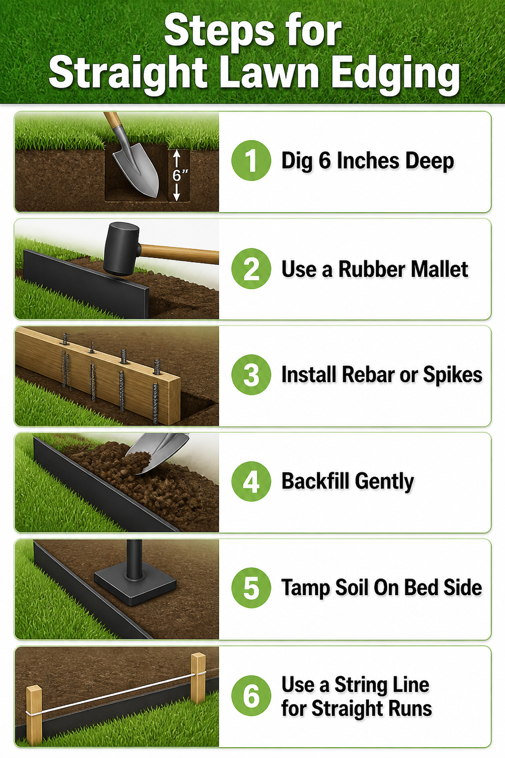 10 Lawn Garden Edging Ideas for 2026: Materials, Styles & Costs 11 An infographic detailing steps for installing straight lawn edging.