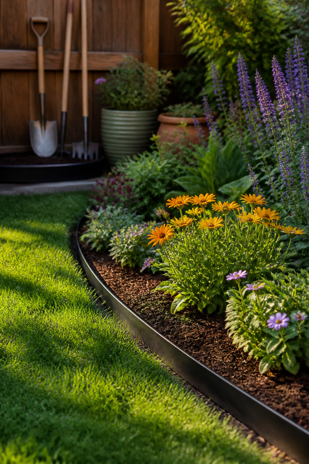 10 Lawn Garden Edging Ideas for 2026: Materials, Styles & Costs 3 Thin black aluminum edging defines the boundary of a flower bed.