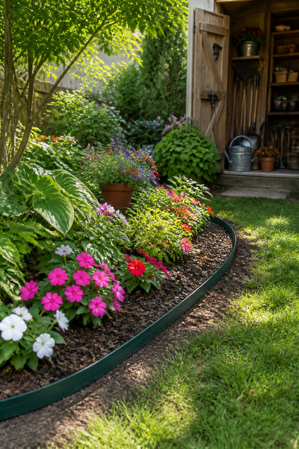 10 Lawn Garden Edging Ideas for 2026: Materials, Styles & Costs 5 Deep forest green plastic edging outlines a bright flower bed.