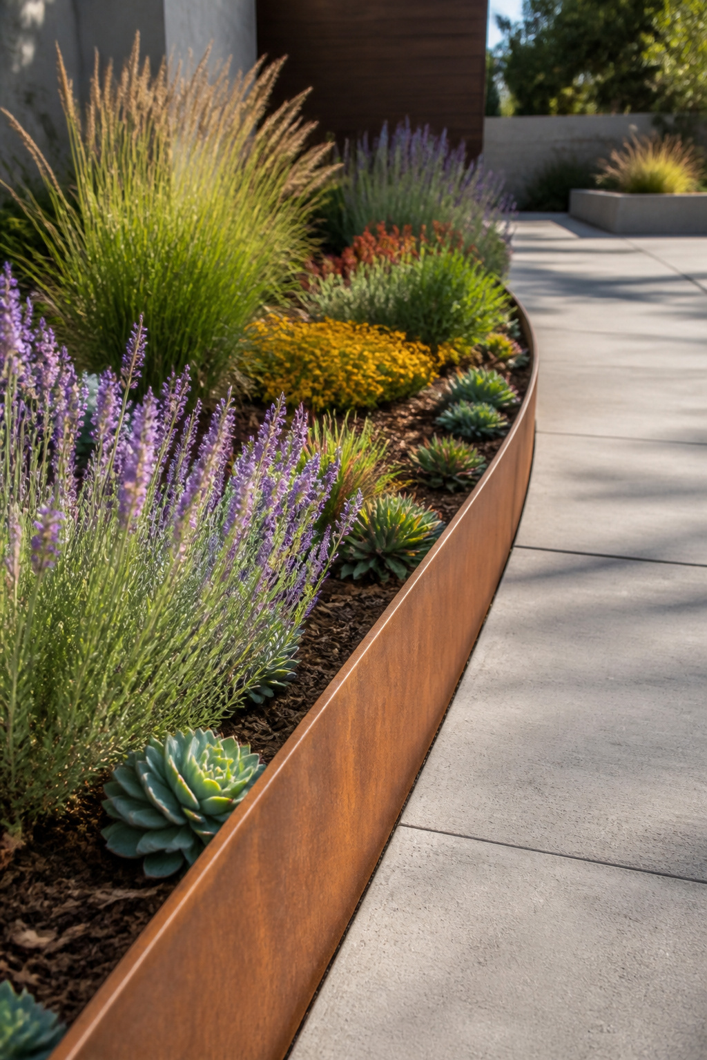 10 Lawn Garden Edging Ideas for 2026: Materials, Styles & Costs 7 Rust-colored corten steel edging outlines a contemporary garden bed.