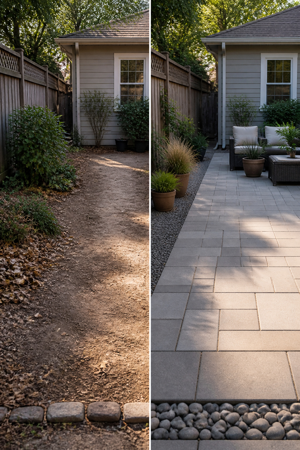 25 Low-Maintenance Landscaping Ideas for Less Work, More Living 1 A small backyard with a paver patio and gravel areas.