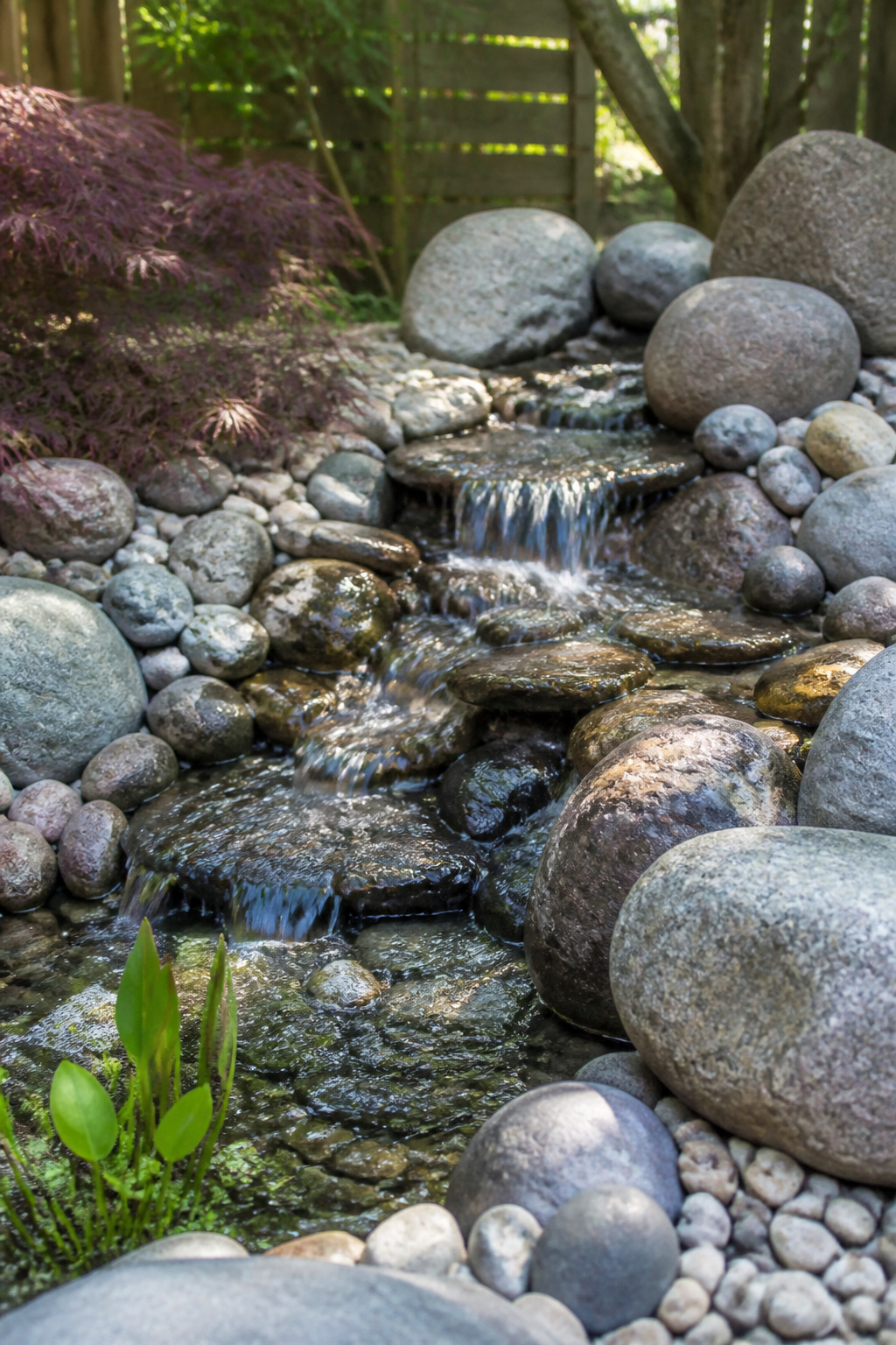 25 Low-Maintenance Landscaping Ideas for Less Work, More Living 12 A small pondless waterfall surrounded by smooth stones.