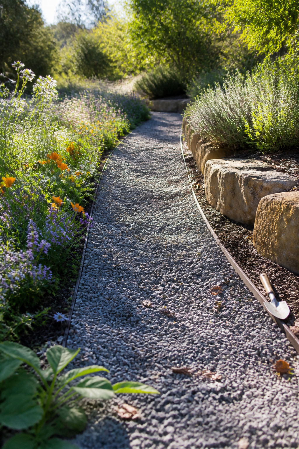 25 Low-Maintenance Landscaping Ideas for Less Work, More Living 18 A gravel path lined with wildflowers, showing effective weed control.
