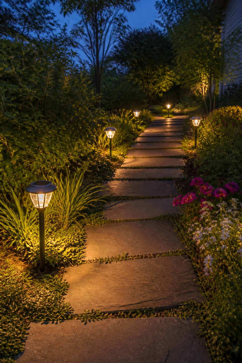 25 Low-Maintenance Landscaping Ideas for Less Work, More Living 24 A garden path lit by solar-powered lights at dusk.