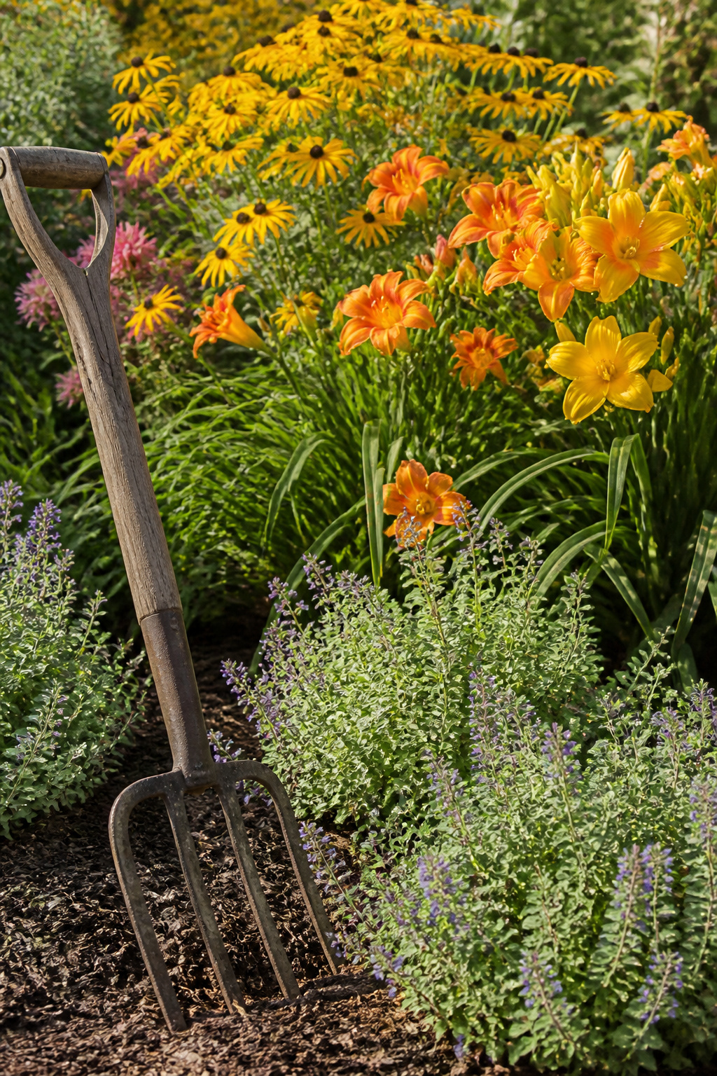 25 Low-Maintenance Landscaping Ideas for Less Work, More Living 6 Blooming perennials like coneflowers and hostas in a garden bed.