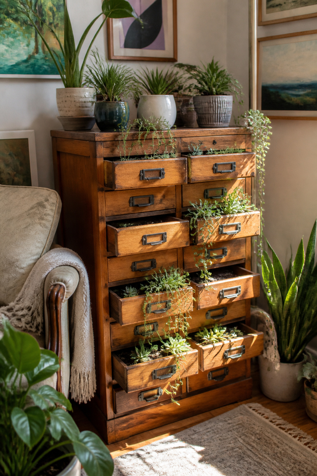 15 Plant Stand Design Ideas for Your Home and Garden 14 A vintage catalog cabinet with small plants in its drawers.