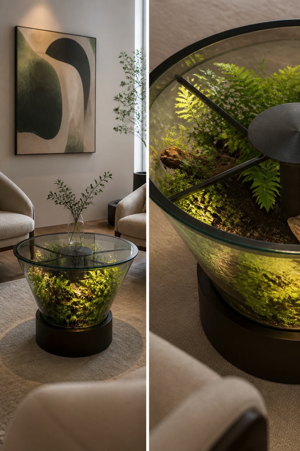 15 Plant Stand Design Ideas for Your Home and Garden 15 A table with a glass top and plants growing underneath.