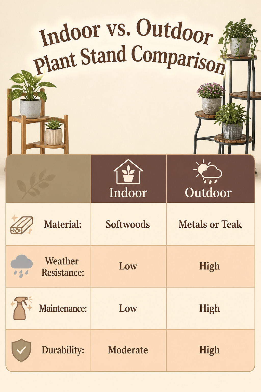 15 Plant Stand Design Ideas for Your Home and Garden 17 A visual comparison of indoor and outdoor plant stands.