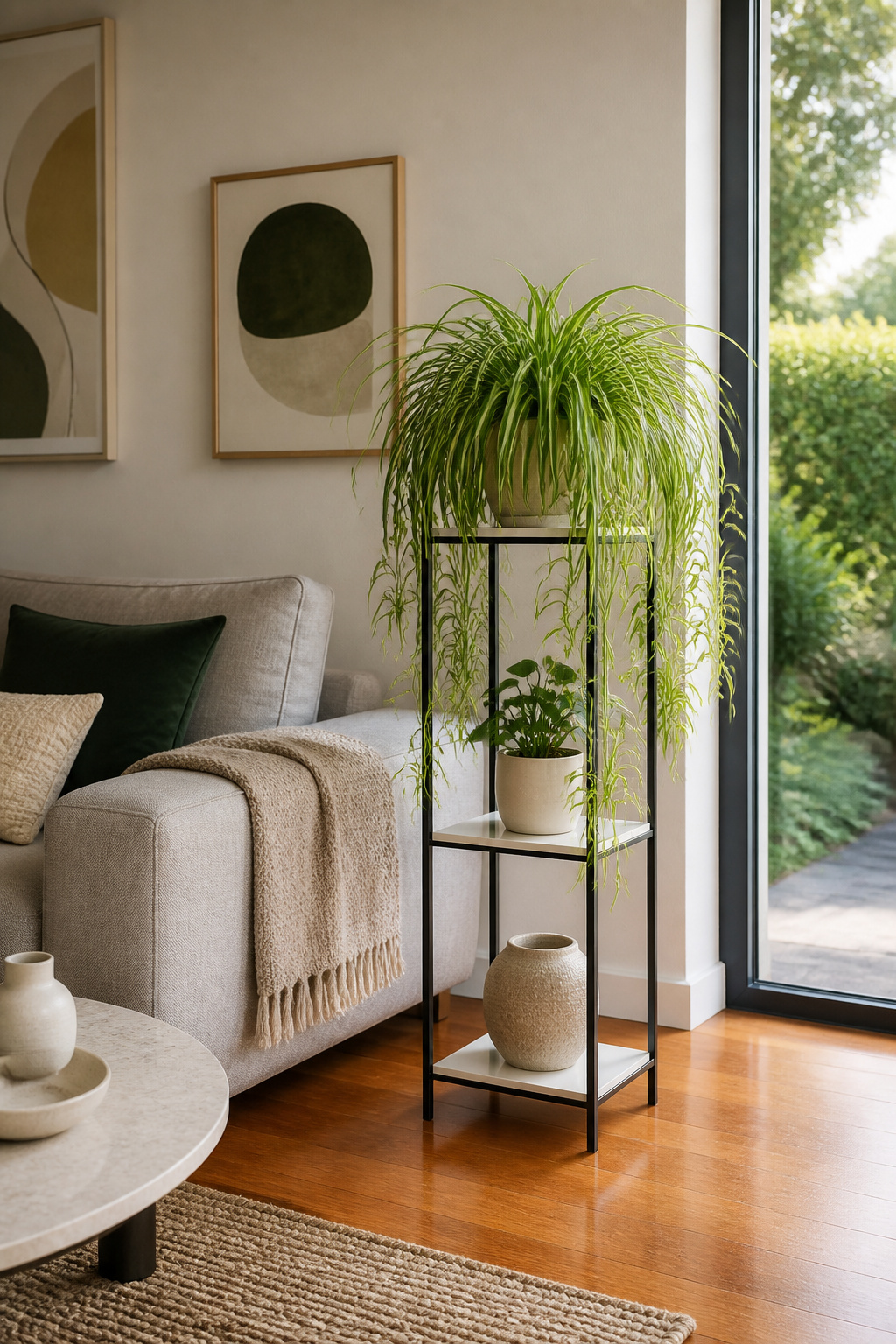15 Plant Stand Design Ideas for Your Home and Garden 18 A modern plant stand beside a minimalist sofa.