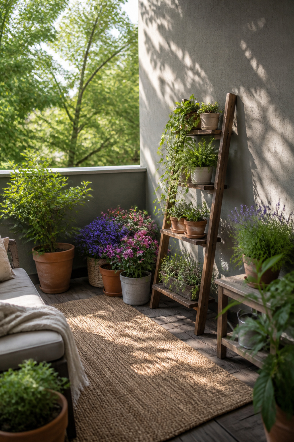 15 Plant Stand Design Ideas for Your Home and Garden 2 A leaning ladder shelf holding several potted plants.