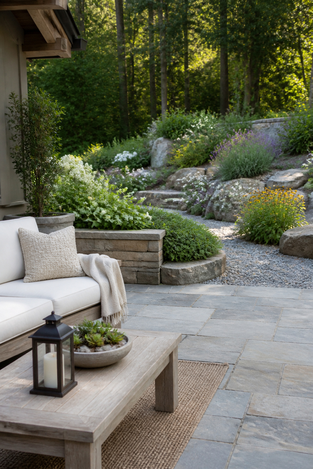 32 Rock Garden Ideas: Designs, Plants & Layouts for 2026 18 A stone patio connected to a rock garden.
