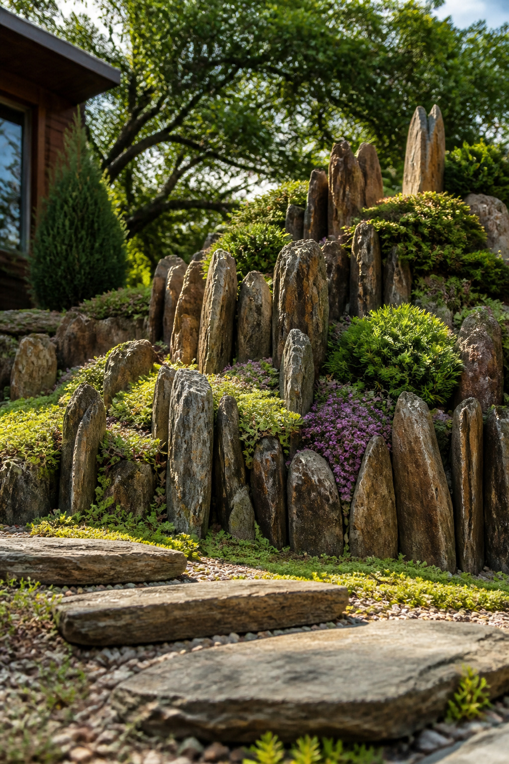 32 Rock Garden Ideas: Designs, Plants & Layouts for 2026 19 Stones arranged vertically to simulate mountain strata.
