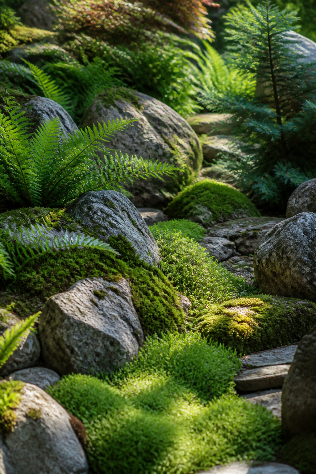 32 Rock Garden Ideas: Designs, Plants & Layouts for 2026 25 A rock garden filled with ferns and moss between stones.