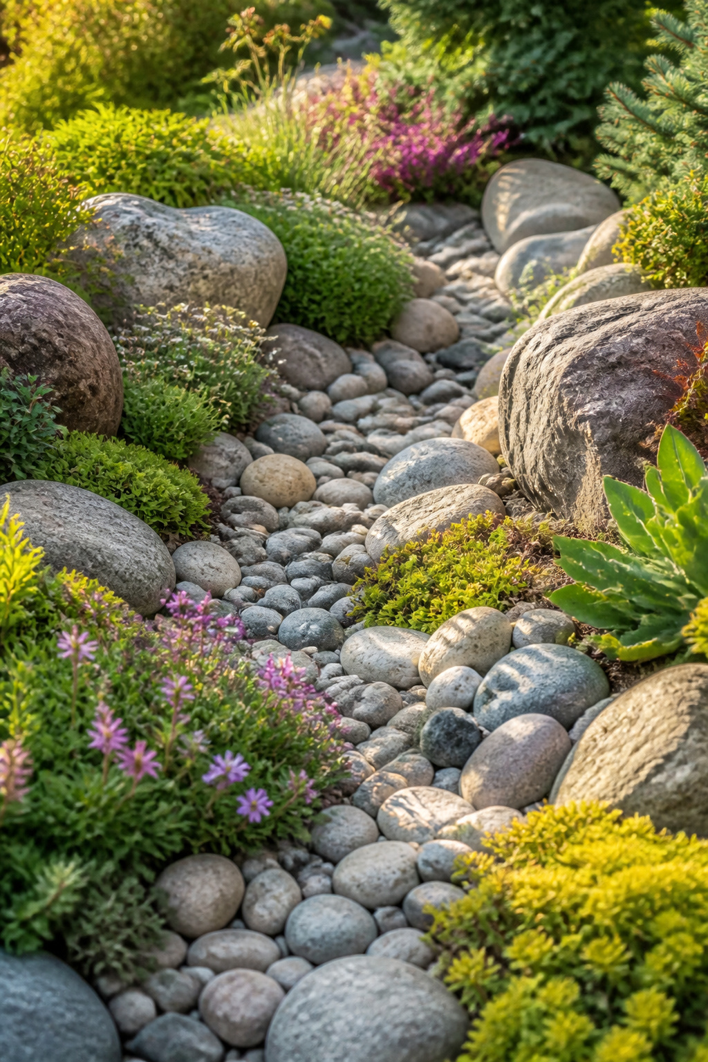 32 Rock Garden Ideas: Designs, Plants & Layouts for 2026 31 A dry stream bed made of smooth pebbles.