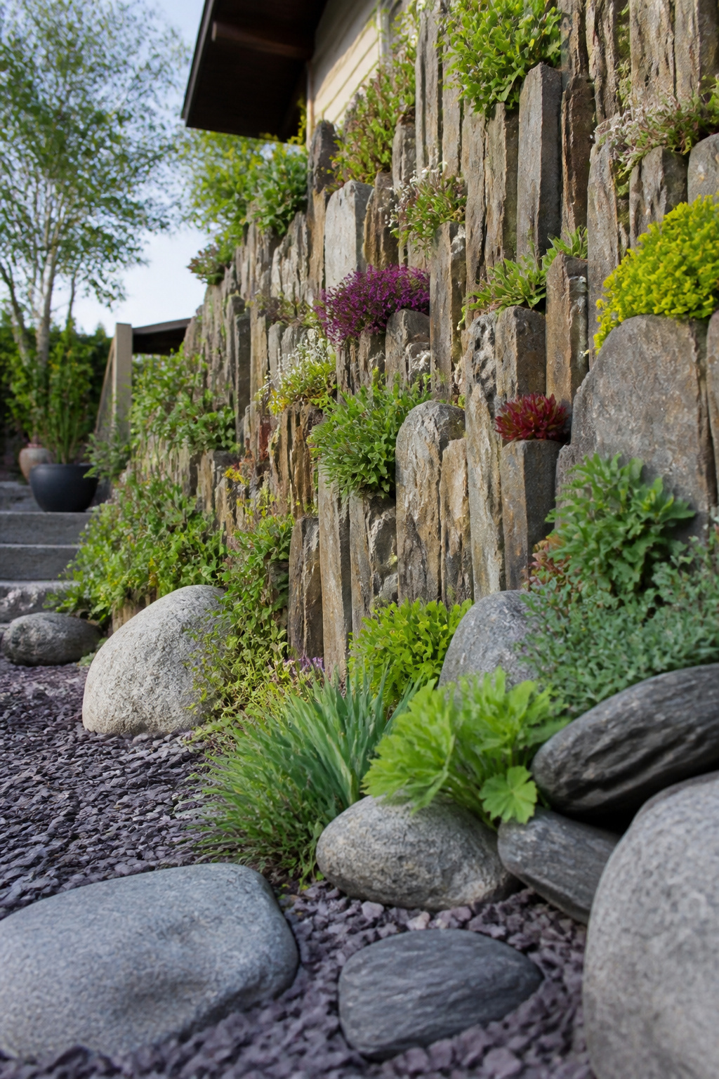 32 Rock Garden Ideas: Designs, Plants & Layouts for 2026 4 Stacked stones forming a vertical structure in a rock garden.