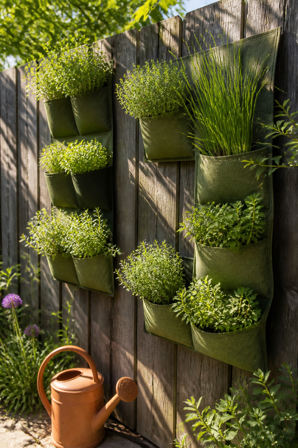 10 Wall Garden Ideas for Growing Up Instead of Out 1 Fabric pocket planters filled with herbs mounted on a wooden fence.