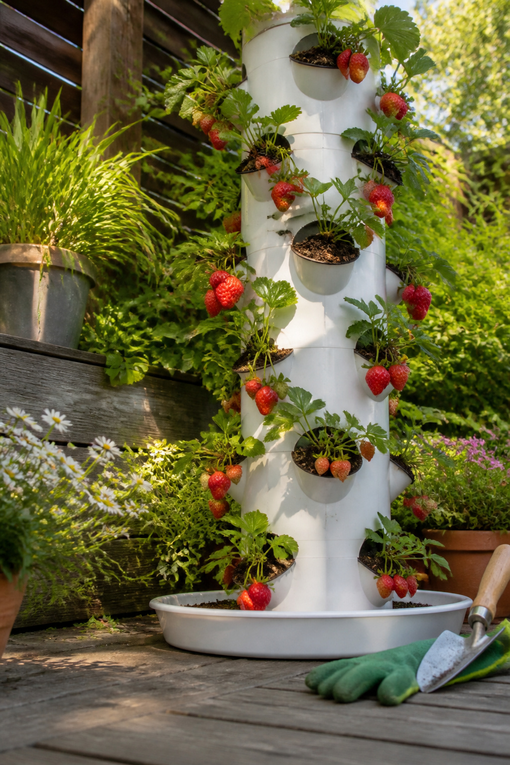 10 Wall Garden Ideas for Growing Up Instead of Out 10 A vertical strawberry tower design with staggered planting tiers.