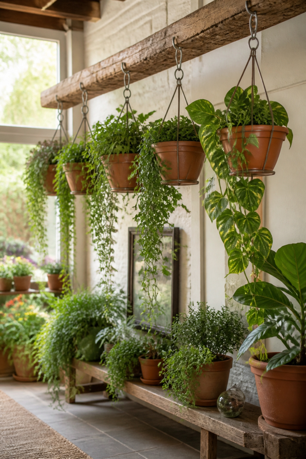 10 Wall Garden Ideas for Growing Up Instead of Out 2 Ceramic hanging planters filled with petunias suspended from a wall.