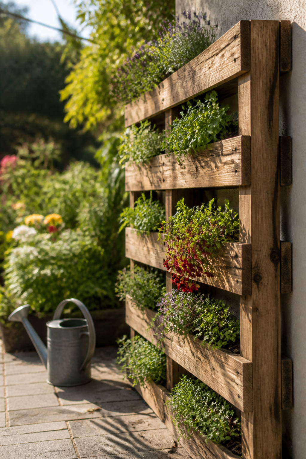 10 Wall Garden Ideas for Growing Up Instead of Out 5 A vertical garden constructed from pallets filled with various plants.