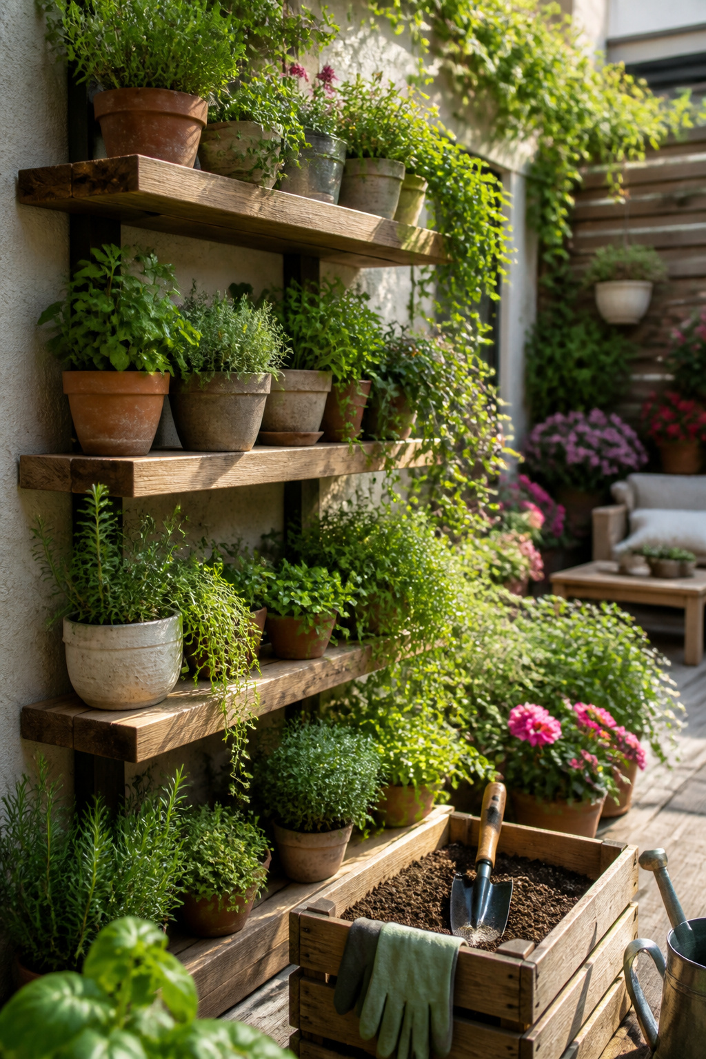 10 Wall Garden Ideas for Growing Up Instead of Out 8 Staggered wall-mounted shelves displaying various potted plants.