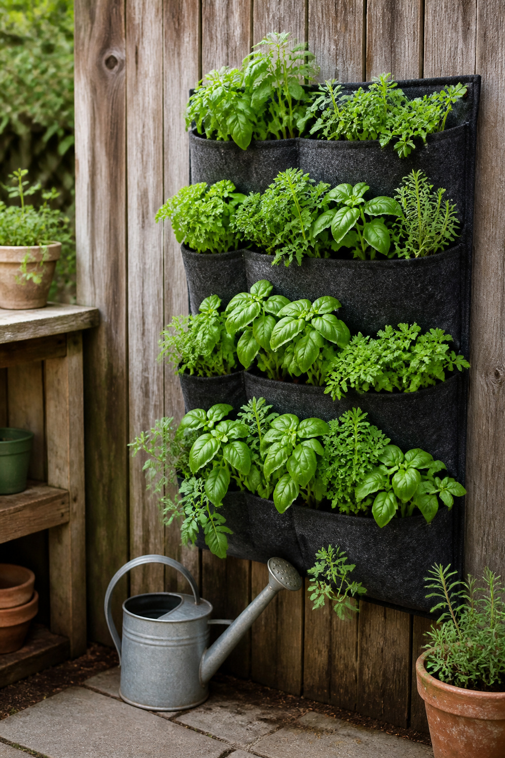 10 Wall Garden Ideas for Growing Up Instead of Out 9 Felt pocket planters bursting with herbs attached to a wooden fence.