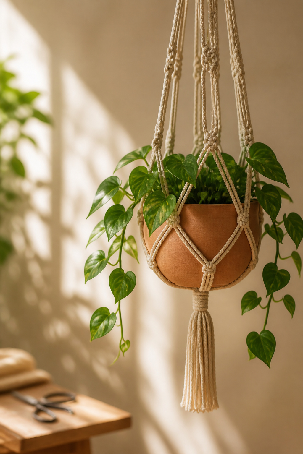 14 Wall Planter Ideas for Indoor and Outdoor Spaces (2026) 10 Macramé hangers on a wall displaying potted plants.
