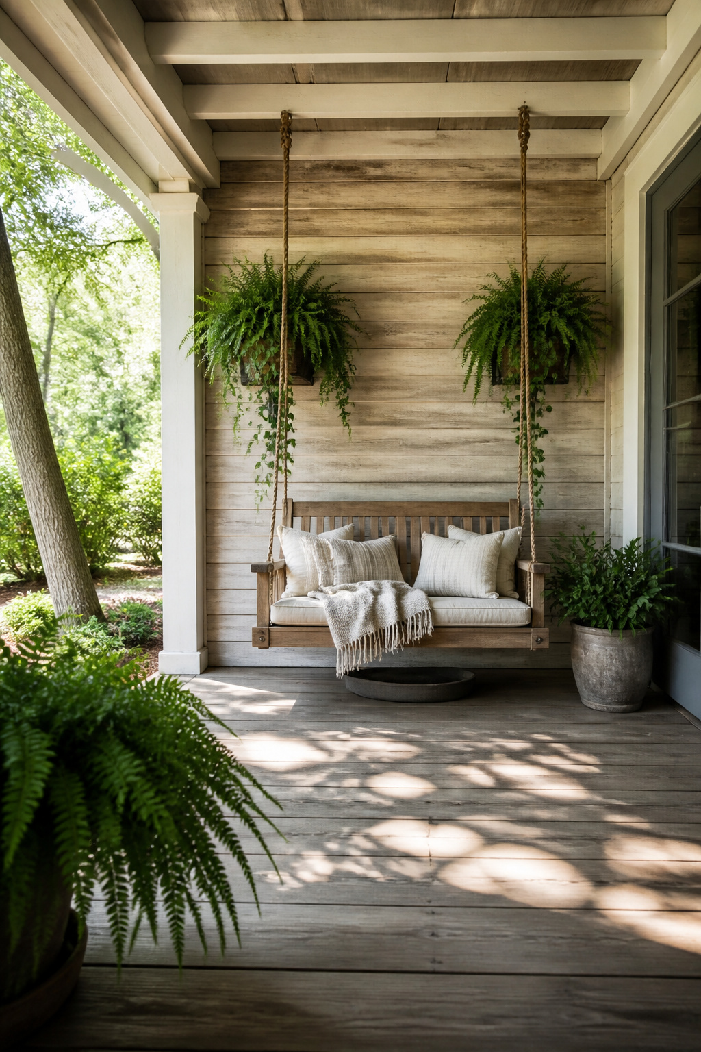 14 Wall Planter Ideas for Indoor and Outdoor Spaces (2026) 11 Planters mounted above a porch swing with trailing plants.